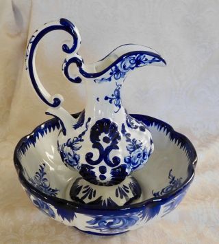 Vintage Water Pitcher & Wash Basin Hand - Painted Cobalt Blue & White Portugal