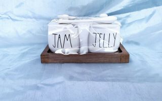 Rae Dunn “jam” & “jelly” W/ Wood Tray And Serving Spoons