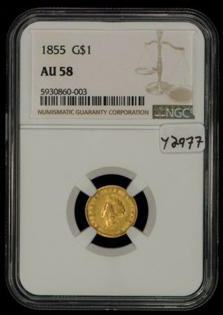 1855 G$1 Indian Princess Head Gold Dollar - Type - 2 - Ngc Au 58 - Sku - Y2977