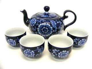 Pier 1 Mandarin Teapot And 4 Tea Cups Cobalt Blue And White Porcelain Tea Set