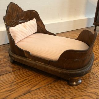 Dollhouse Miniature Wood Sleigh Bed Mattress Pillow
