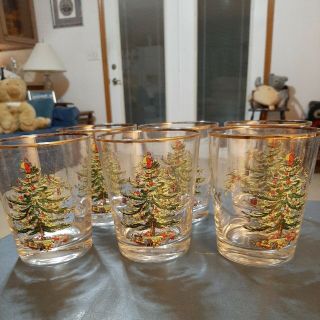 Spode Christmas Tree Old - Fashioned Glasses Set Of 6 Gold Rim Nos