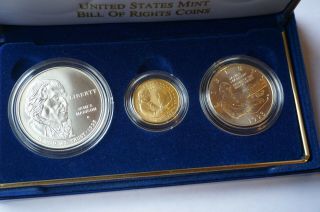 1993 3 Coin Bill Of Rights Gold & Silver Uncirculated