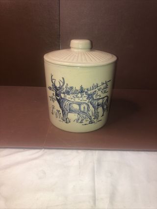 Vintage Pottery Stoneware Crock - Cobalt Blue Deer Cookie Jar