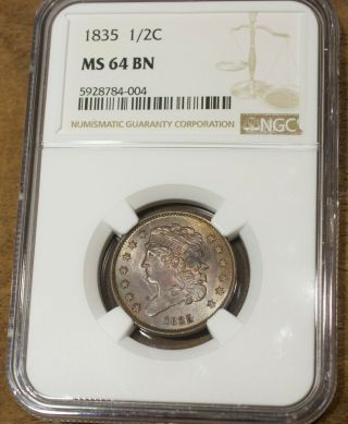 1835 Us Half Cent Ngc Ms 64 Bn Stunning Half Penny Us Rare Coin