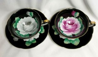2 Vtg Hand Painted Made In Japan Cup And Saucers Black - Pink Rose & White Rose