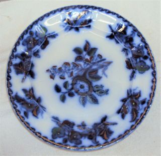 Moss Rose Flow Blue & Copper Luster Ironstone Dinner Plate 9 7/8 In 1840 - 1850