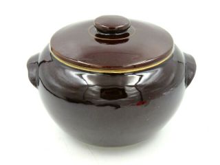 Vintage Ceramic Pottery Brown Bean Pot Crock With Lid - Usa Stamped 6 "