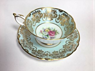 Paragon Hm Queen & Queen Mary Tea Cup & Saucer Set Green Gold Roses Flowers