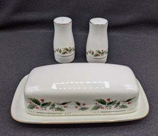 Fine China Japan Christmas Holly Yuletide Salt & Pepper Shakers,  Butter Dish