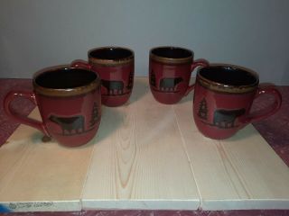 4 Home Studio Woodland Red Bear Pine Tree Coffee Mugs Set Rustic Cabin Hot Cocoa