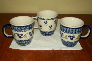 Boleslawiec Polish Pottery - 3 Blue Green Flower Mugs