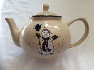Home And Garden Party Tea Pot With Lid Stoneware 2002 Snowman & Small Bonus Cup