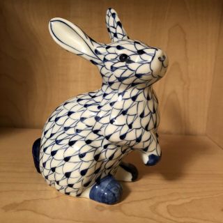 Herend Ish Porcelain Bunny Rabbit Blue Fishnet Figurine