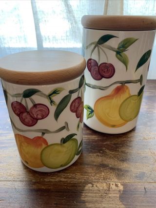 Portmeirion Summer Fruit 2 Canisters W Wooden Lids 5 1/2” & 7” Apples Pear