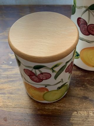 Portmeirion SUMMER FRUIT 2 Canisters W Wooden Lids 5 1/2” & 7” Apples Pear 3