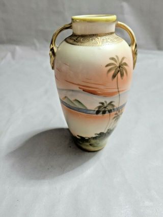 Vintage Nippon Hand Painted Double Handle Vase Decor Pattern 5.  25  T