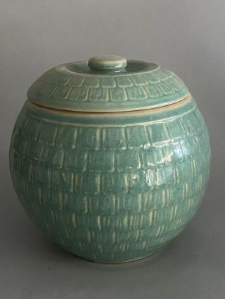 Vintage Western Stoneware Turquoise Green Pottery Honeycomb Cookie Jar