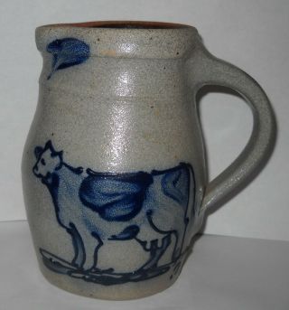 Vintage 6 1/8 " Rowe Pottery 1988 Hand Made Salt Glazed Pitcher Cow Usa Wisconsin