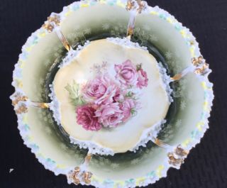 Signed Rs Prussia 10.  5” Bowl With Pink Roses Decoration “gold Enhancements”