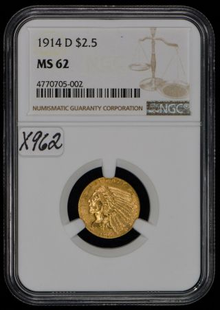 1914 - D G$2.  50 Indian Head Gold Quarter Eagle - Better Date - Ngc Ms62 - Sku - X962
