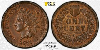 1871 Indian Head Penny 1c Pcgs Brown Br Ms63 Choice Unc Gold Shield Secure