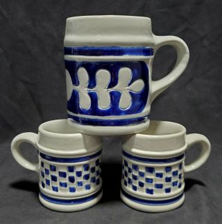 Williamsburg Pottery (3) Mugs Salt Glaze Cobalt Blue Decorated