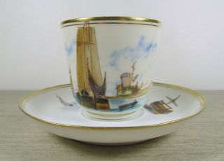 Antique Pirkenhammer Cup & Saucer With Nautical Design,  Sailboats,  Ships