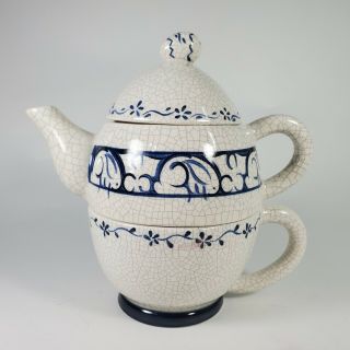 Vintage Dedham Pottery Potting Shed Covered Bunny Teapot Mug Tea For One 