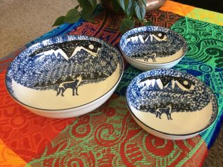 Tienshan Folk Craft Wolf 1 Serving Bowl And 2 Soup Cereal Bowl 6”