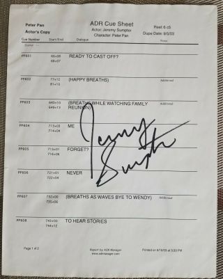 Jeremy Sumpter Autographed Adr Cue Sheet From Peter Pan (2003) W/ And.