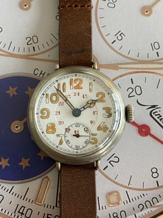 Sensational Un - Signed Rolex Marconi Ww1 Trench Watch With 12 And 24 Hour Dials