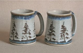 Potterybydave - Set Of 2 - Tapered Mugs - Tan With Pine Trees