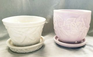 Vtg Mccoy Pottery White Hobnail & Leaf & Butterfly Flower Pot Planter W/ Saucer
