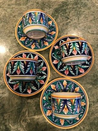 Deruta Italy Pottery Ceramic Hand - Painted Cup & Saucer Set Of 4 Vintage