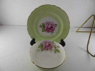 Aynsley Pink Cabbage Rose With Green Bowl And Small Plate 1940 - 1960s Mark Gold
