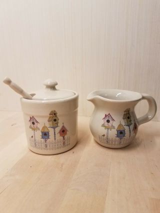 Shaker & Thangs Pottery,  Marshall Tx Creamer And Sugar Bowl With Lid And Spoon