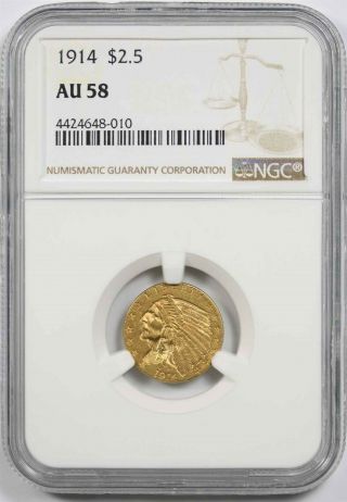 1914 $2.  5 Ngc Au 58 (better Date) Indian Head Gold Quarter Eagle