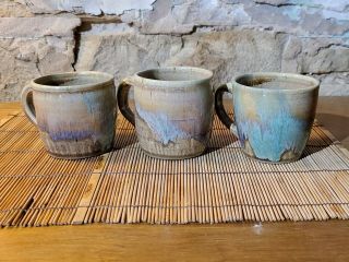 Set Of 3 Drip Glazed Stoneware Pottery Coffee Mugs Signed Hand Made Blue Purple