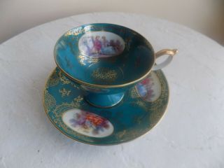 Vintage Lefton Japan Turquoise Tea Cup And Saucer With Courting Couple