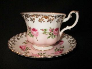 Cup Saucer Royal Albert Pink Blush Base Gold Floral Lace Pink Cabbage Roses