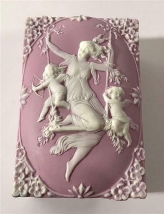 Schafer & Vater Lavender Jasperware Trinket Box W/ 2 Cupids & Woman On Swing