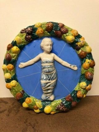 Vintage Large Della Robbia Plaque Majolica Infant Child Jesus Italy Wall Plate