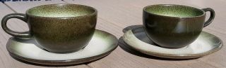 Edith Heath Pottery Sea & Sand Dark Green Speckled 2 Cups & 2 Saucers