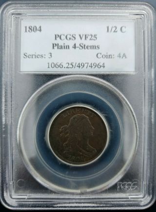 1804 Half Cent,  Plain 4 With Stems,  C - 11,  Very Scarce.  Pcgs Vf25.