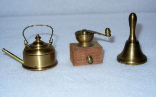 3 Vintage Brass Dollhouse Miniatures,  Coffee Grinder,  Bell,  Tea Kettle