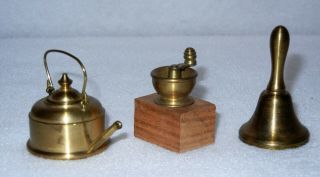 3 Vintage Brass Dollhouse Miniatures,  Coffee Grinder,  Bell,  Tea Kettle 2