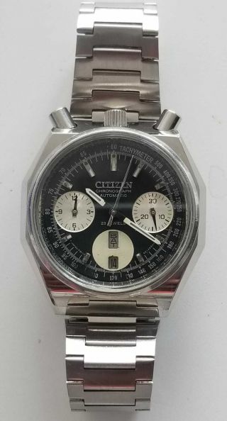 Inmaculated Citizen Black Octagon Chronograph Ref 8110a.  Automatic Japan.  C.  1970s