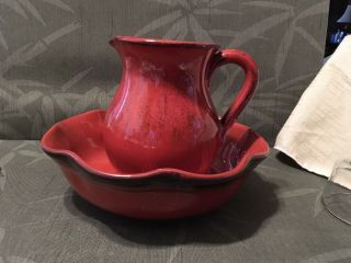 Vintage De Silva Made In Italy Red/black Pitcher And Bowl With Scalloped Edges.
