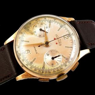 Vintage 18k Gold Hilton/wakmann 17 Jewel Landeron Cal 51 Chronograph Wrist Watch